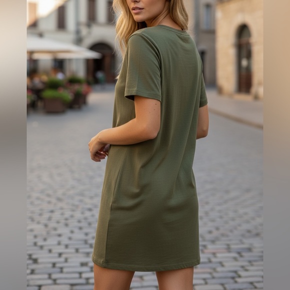 NEW•M-XL•Olive Choker V-Neck Soft Mini Dress/Tee - Picture 3 of 7